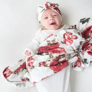 Neugeborenen baby decken neugeborenen fotografie Floral Swaddle Turban Hut Weiche Schlaf Decke Wrap Set