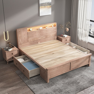 Nordic Solid Wood Bed 1.8m/1.5m Lighted <b>Headboard</b> High Box Storage Bedroom Furniture - Product Image 3
