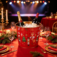 Kotak Penyimpanan Logam Bermotif Nutcracker Natal Merah, Kemasan Hadiah, Ember Es Dekoratif, Pot Bunga untuk Taman