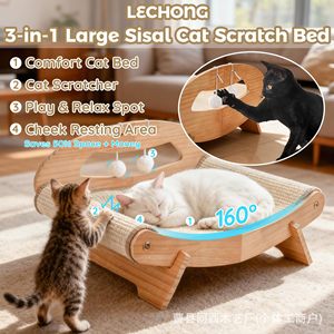 Cat <b>Bed</b> With Scratching <b>Pad</b> Semi Circle Wooden Pet Furniture For Cats With Toys And Washable Mat - Product Image 2