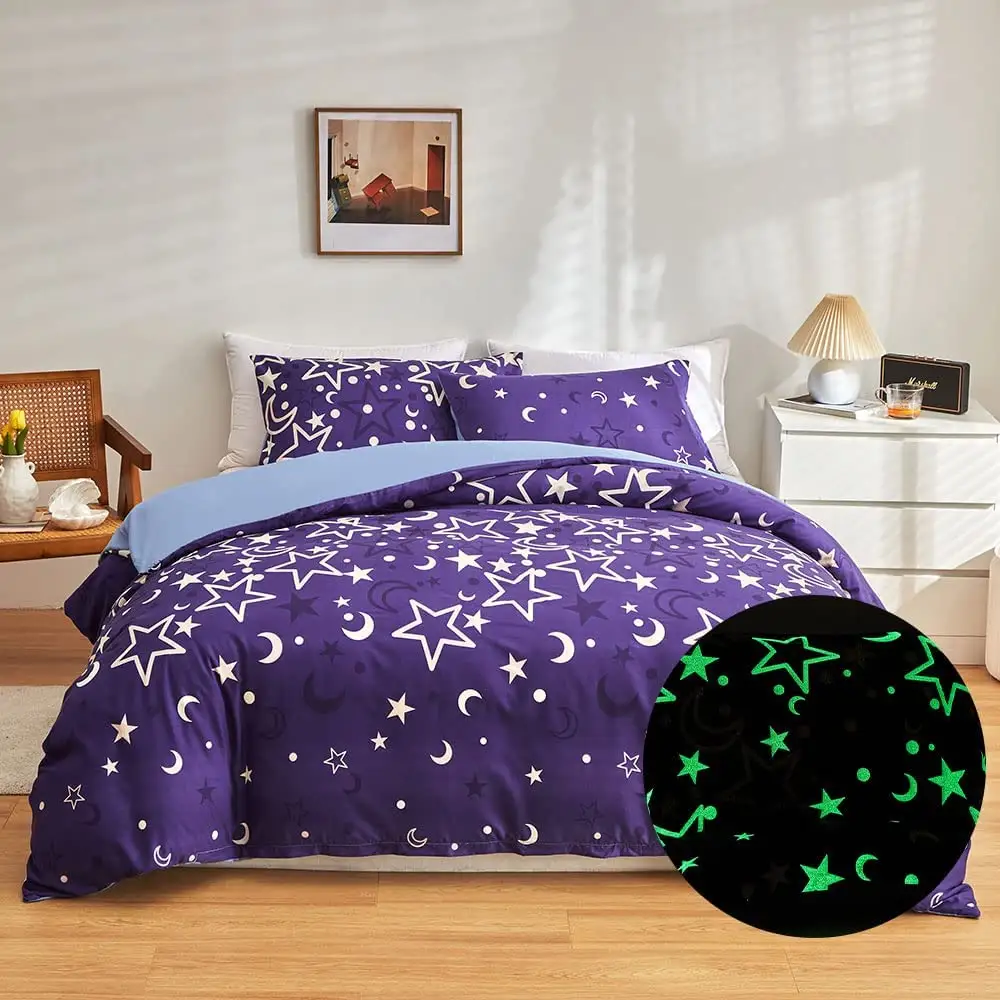 Custom Purple Universe Starry Night Glow in The Dark Duvet Cover Bedding Set for Kids