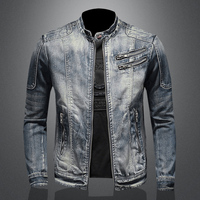 Veste en jean rétro américaine slim pour homme avec col montant et fermeture éclair, idéale pour le travail, le cyclisme et la moto