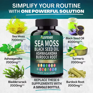 Ausresea 개인 라벨 바다 모스 3000mg 검은 씨 오일 2000mg Ashwagandha 생강 보충 바다 이끼 캡슐 - Product Image 2