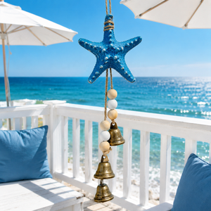 Campana de Viento Mediterránea de Madera con Diseño de Velero, Hipocampo y Estrella de Mar, Colgante Decorativo para el Hogar, Adorno Colgante para Decoración de Patio - Product Image 1