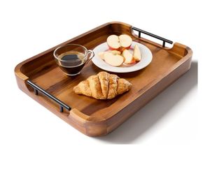 工場直販 ベストセラー 長方形 アカシア材 オットマン トレイ 大型 木製 サービングトレイ 取っ手付き リビングルーム用 - Product Image 1