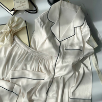 Piyama Sutra Es Wanita Musim Semi dan Gugur, Model Lengan Panjang Warna Solid, Setelan Baju Tidur Sederhana nan Elegan