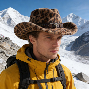 ZhenXi Leopard Print Plush Cowboy <b>Hat</b> M56-58cm With Bull Head <b>Band</b> Western Fashion <b>Hat</b> - Product Image 4