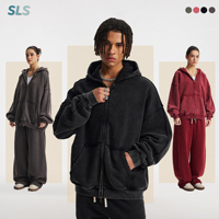 Ensemble sweat à capuche et pantalon de survêtement unisexe personnalisé, coupe oversize, zippé, épais, uni, écologique, effet délavé, collection Printemps