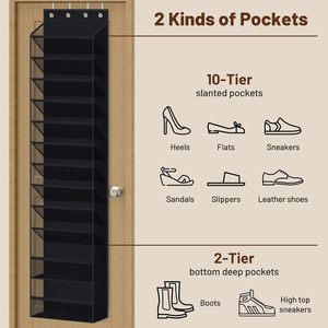 12 Tier Over The Door <b>Shoe</b> Organizer Hanging Rack Black Mesh For Closet Storage Sneaker Holder Fit 24 Pairs - Product Image 4