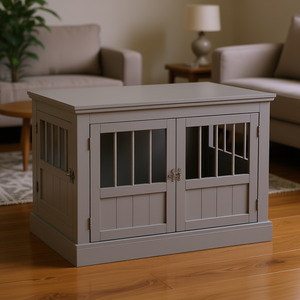 Cage pour chien en bois gris étain à trois portes avec fermeture à charnières, mobilier d'intérieur pour animaux de compagnie de taille moyenne, style classique - Product Image 2