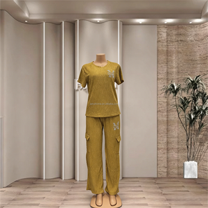 Combinaison pour femmes africaines de haute qualité, taille plus, tissu plissé respirant, strass, mode, manches courtes, <span class=keywords><strong>pantalon</strong></span> - Product Image 3