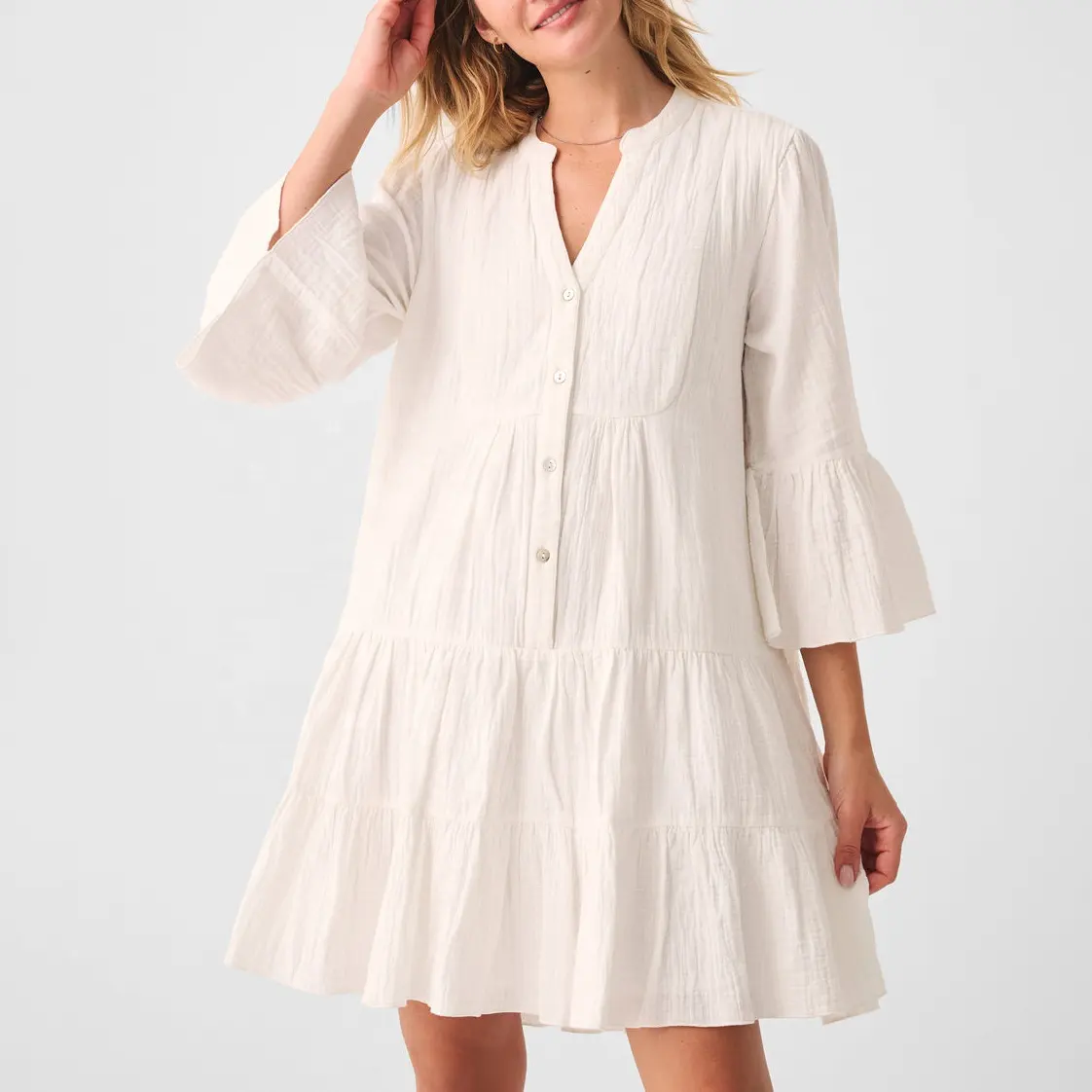 Vestido personalizado de gasa de algodón de alta calidad para mujer, camisa blanca, minivestido liso básico con volantes, vestido informal suelto para mujer