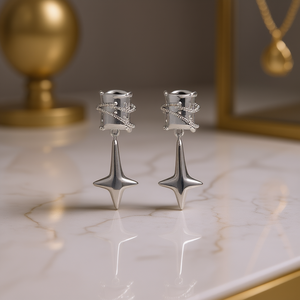 Orecchini Pendenti a Stella in Argento 925 Placcato Oro Bianco con Zirconi, Montatura a Castone, Gioielli Unisex Minimalisti per Uso Quotidiano - Product Image 2