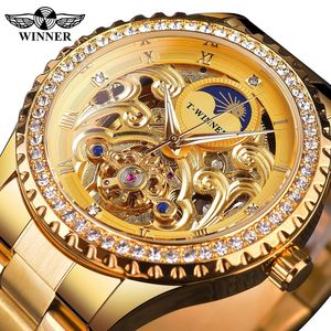 <span class=keywords><strong>Montre</strong></span> mécanique de luxe pour homme Winner avec cadran diamanté, mouvement automatique vintage, roue solaire, bracelet en acier inoxydable, design ajouré - Product Image 1