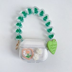 Étui airpods 2/ pro transparent, motif floral, avec feuilles, chaîne verte cœur, décoration, <span class=keywords><strong>dernier</strong></span> modèle, bling - Product Image 1