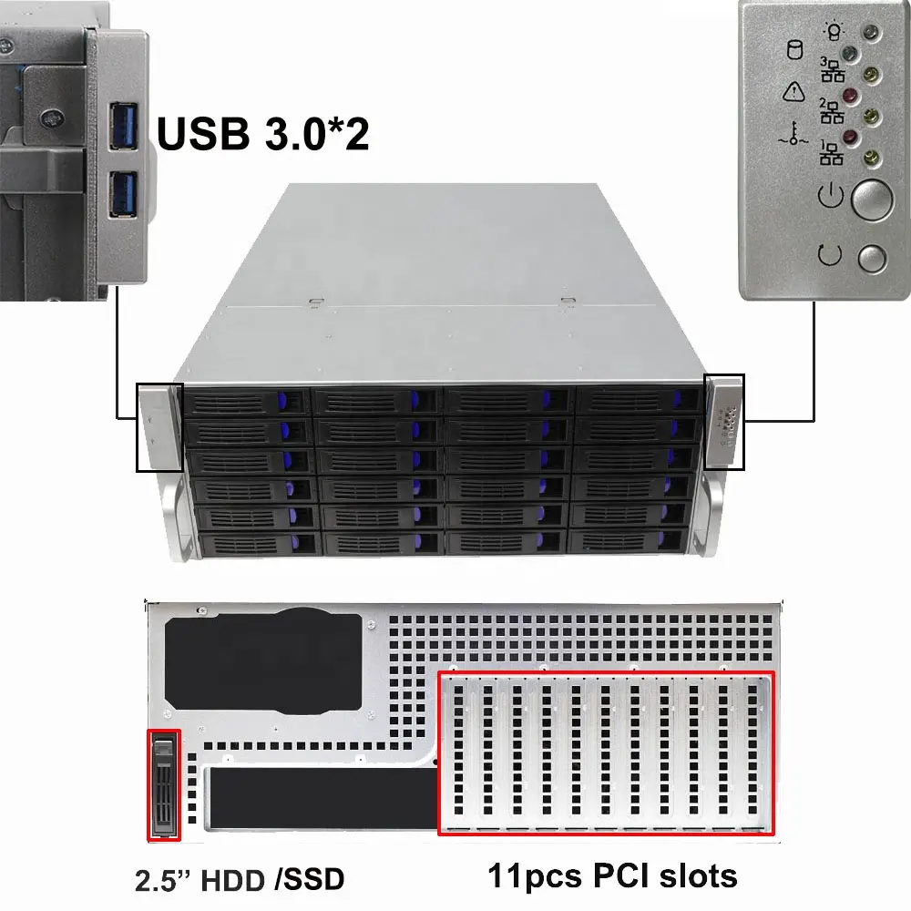 4U Rackmount सर्वर मामले 24 + 1 के साथ गर्म Swappable SATA/एसएएस ड्राइव बे, पीसीआई स्लॉट 11pcs