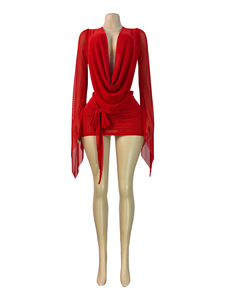 <span class=keywords><strong>Abito</strong></span> da donna primaverile alla moda, in rete trasparente, con scollo a V profondo, senza schienale, <span class=keywords><strong>maniche</strong></span> <span class=keywords><strong>lunghe</strong></span> svasate, modello avvolgente, mini <span class=keywords><strong>abito</strong></span> - Product Image 4