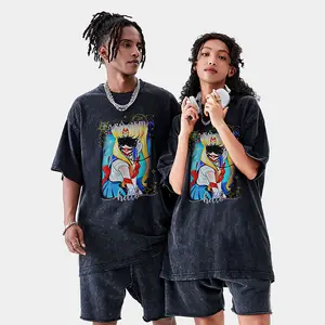 Wholesale Street Wear Vintage T-shirt Oversized Digital Printed Unisex T Shirts And Shorts Set Acid Wash Street Wear Clothing