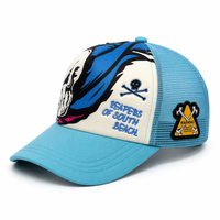Gorra Trucker de Espuma de Velour con Estampado de Calavera Personalizado y Puntos de Leopardo, Logotipo de Hoja Bordado en 3D, Malla Trasera, Visera Curva, Bordado a Mano Personalizado OEM