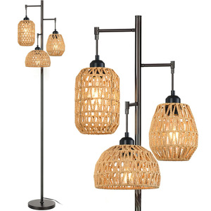 Lámpara de pie rústica de hierro con pantallas de ratán beige, altura ajustable para sala de estar o estudio - Product Image 5