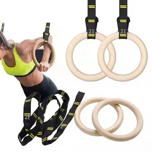 Wood Gym Ring 32mm Amazon Hot Sale Gym Accessories Fitness Gymnastic Ring Wood With Adjustable Scale Nylon Straps