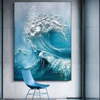 Peinture à l'huile abstraite 3D de vagues océaniques, peinte à la main, bleu intense, sur toile, avec cadre en aluminium, décoration murale