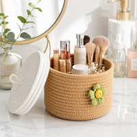 Panier de rangement rond en corde de coton tressé à la main, style pastoral, avec poignée et couvercle, capacité de 3 à 6 L, pour organiser les cosmétiques et les articles divers