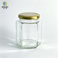 Pot en verre hexagonal transparent de 300 ml avec couvercle à vis pour miel, confiture, sauce chili, emballage alimentaire