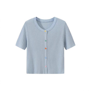 Cárdigan de punto azul de manga corta para mujer, fino, holgado, con botones de color caramelo, top de verano - Product Image 1