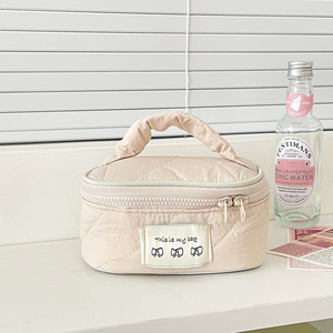 Polyester Milk <b>Powder</b> Color Cosmetic Bag Soft Handle Zipper Closure Korean <b>Style</b> Travel Puffy Makeup Organizer Bag - Product Image 4