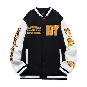 Custom <b>Men's</b> Black <b>White</b> Varsity <b>Jacket</b> Preppy Style 100% Polyester Heated Fleece V-neck Front Button Closure Autumn Outerwear - Product Image 1