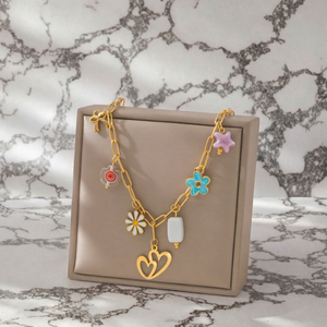 18K Gold Plated Stainless Steel Charm Pendant Necklace Waterdrop Shell <b>Heart</b> Flower Link Chain for Women Gift R - Product Image 3