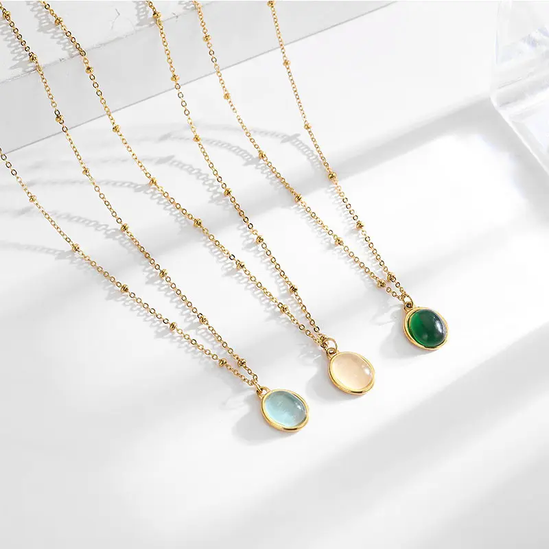 BINSHUO Stainless Steel 18k Gold Plated Chain Necklace Water Drop Design Cymophane Natural Stone Opal Pendant Necklace Jewelry