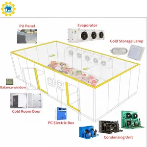 Sala de armazenamento frio do quarto de congelar, com unidade de refrigeração compressora para carne, frutas e legumes, marítimo