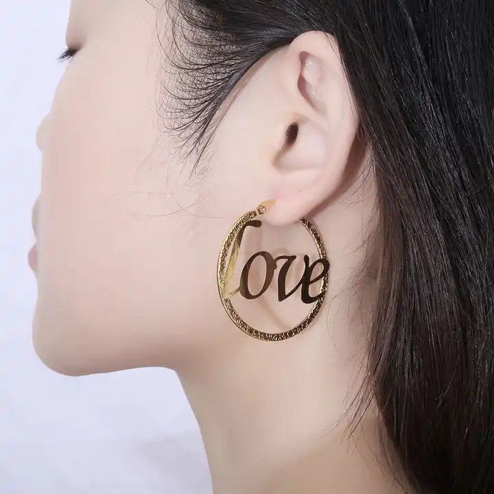 Wholesale Fashion Exaggerated Geometry Circle Zircon Letter Love Titanium  Steel Hoop Earrings From m.