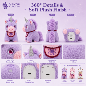 Yuni AI <span class=keywords><strong>Licorne</strong></span> En Peluche Compagnon LCD Yeux ChatGPT Grok Gemini 66 Langues Tactile Voix Argent Corne Bavoir Carte À Collectionner 3 Couleur - Product Image 6