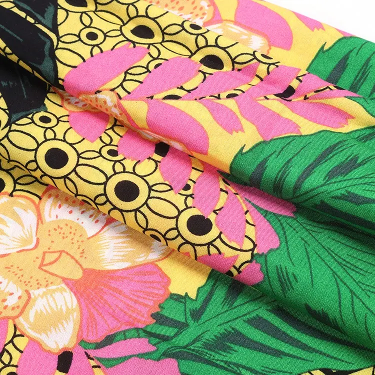 57/58" Tropical Hawaiian Woven Rayon Print Challi Fabric With Large Flowers Leaves