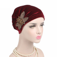 8 Couleurs – Voile Musulman Femme, Foulard Islamique, Bandeau en Velours, Bonnet Doux, Turban, Chapeau Chimio, Coiffe à Perles et Fleurs