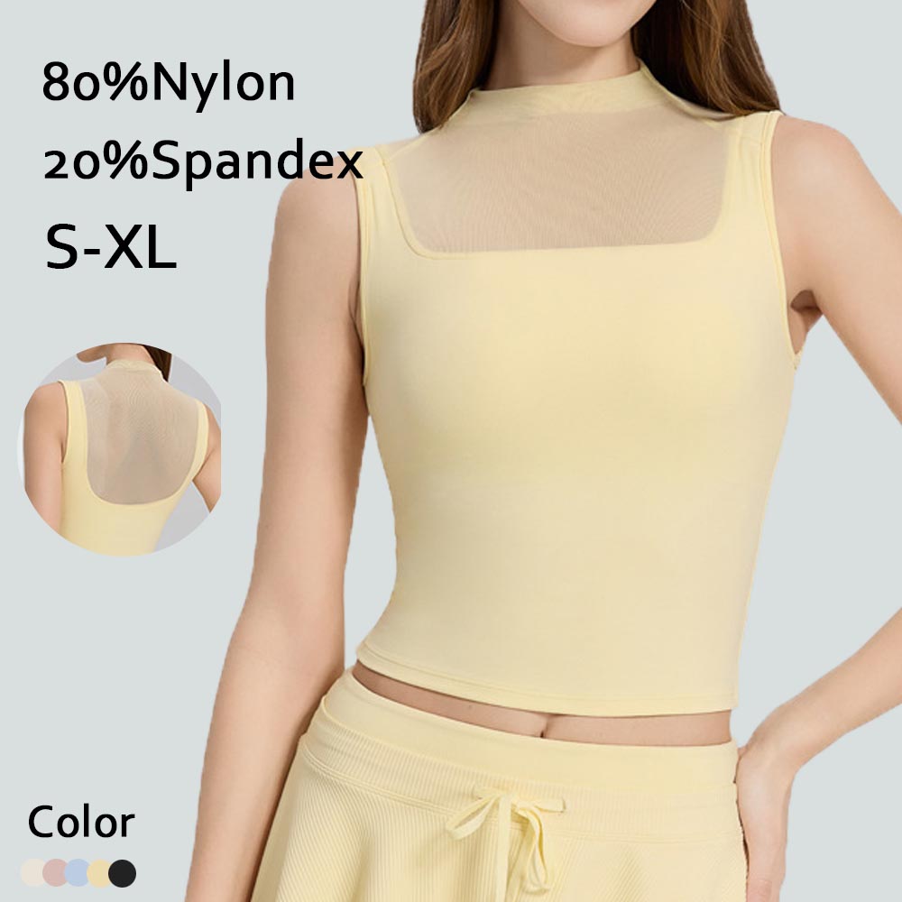 YIYI High Neck Paneled Breathable Mesh Ladies Yoga Top Sleeveless Top Yoga with Mesh Back Panel Yoga Top Build in Bra for Women