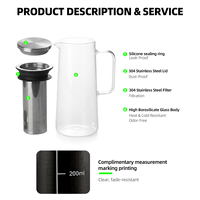 Ensemble de 2 cafetières à café froid modernes et écologiques, 1000 ml et 1400 ml / 34,16 oz et 47,83 oz, pichets en verre, filtre en acier, café glacé, thé