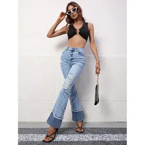 Mode Jeans Custom Vrouwen Colorblock Ripped Flare Been Jeans Blauw Gewassen Skinny Denim Broek