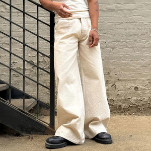 Pantalon plissé en coton <span class=keywords><strong>blanc</strong></span> pour homme, coupe ample, jambe large, légèrement évasée, avec poches plaquées cousues, prélavé et pré-rétréci, style <span class=keywords><strong>jean</strong></span> pour garçon - Product Image 3