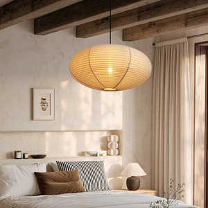 Lampe suspendue en tissu de style japonais, ronde, E27 LED, installation facile, pour restaurant, bar, salon de thé, décor Zen - Product Image 4