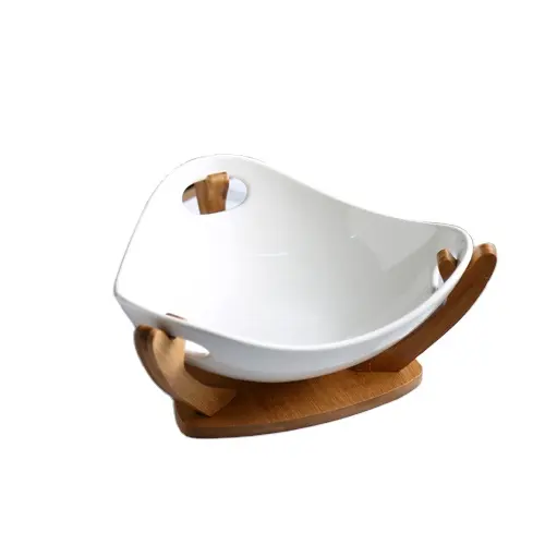 Alta qualidade cerâmica saladeiras branco frutas tigelas porcelana logotipo personalizado Fruit Plate Bowl com Suporte De Madeira De Bambu