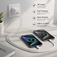 Câble de charge rapide USB-C vers USB-C HNT 1M 3A tressé en nylon avec conducteur en cuivre pur pour iPhone 17 Pro Max et appareils Android