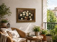Lukisan Kanvas Still Life Mawar Putih Berbingkai Emas Vintage 12x16 inci Vas Emas Dekorasi Dinding Floral Sampel OEM ODM Siap dalam Setengah Hari