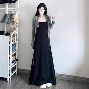 Vestido corto negro de algodón de secado rápido con cuello cuadrado y cintura natural, estilo A, para playa, para mujer - Product Image 3