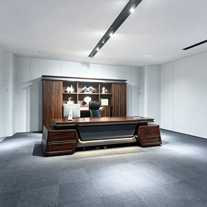 <span class=keywords><strong>Scrivania</strong></span> Direzionale di Lusso in Pelle e Legno con Cassetti Portaoggetti, Armadietto e Libreria, Arredamento Ufficio Moderno - Product Image 2