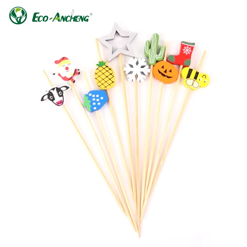 Custom Eco-friendly Cocktail Party Espetos Comida Bead Decoração Bambu Bead Fruit Pick Stick