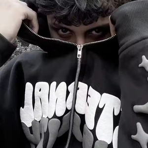 Custom 100% Bamboo Fiber Heavyweight Full Face Oversized Zip up <b>Hoodie</b> Mens Herringbone <b>Leopard</b> 3d Puff <b>Printing</b> Essentials - Product Image 1